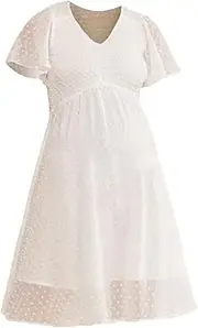 [Generic] Engagement Dresses for Women Women Summer Plus Size Loose Pregnant Dress Plain Dots Short Sleeve V Neck Maternity High Waist Pregnancy Dress Solid Color Long Dress Maternity Dress Split Front