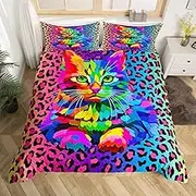 Erosebridal Kids Cat Kitten Bed Set Rainbow Leopard Print Duvet Cover, Modern Abstract Art Full Bedding Sets Colorful Cheetah Printed Comforter Cover, Animal Pet Theme Bed Cover 3pcs (Zipper Closure)