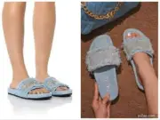 WOMENS CAPE ROBBIN VISE LIGHT BLUE DENIM FRINGE RHINESTONE SANDALS SLIDES 10 NEW