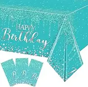 Pajean 3 Pcs Tablecloths Glitter Diamond Table Cover PE Girl Party Happy Birthday Table Cloths Sequin Printed Plastic Tablecloth for Girl Women Birthday Wedding Party, 54 x 108 (Teal Blue and Silver)