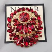 NAPIER Ruby Red Marquise Rhinestones Glitter Glittery Gold tone Brooch NEW