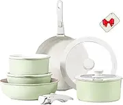 Gourmetific Ceramic Cookware Set, Gourmetific Cookware Set, 5/11Piece Nonstick Maifan Cookwares Sets with Detachable Handle (Green,5PCS)