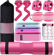 SINYWAY Barbell Pad Set, 11 Pcs Barbell Squat Pad for Hip Thrusts, Lunges, Leg Day with 2 Gym Ankle Straps, 3 Hip Resistance Bands, 2 Lifting Strap, 2 Barbell Clip, Barbell Pad and Carry Bag
