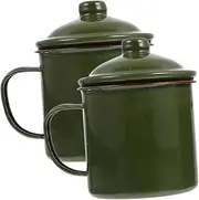 Abaodam 2Pcs Retro Enamel Camping Cup Durable Multi Functional Mugs with Handle for Coffee Tea Juice Vintage Green Design with Lid for Outdoor Activities
