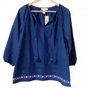 Vineyard Vines NWT Embroidered Hem Pullover Cotton Peasant Blouse Navy Size XS