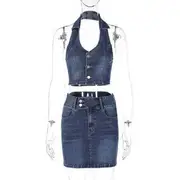 Halter V-Neck Button Denim Crop Top / High Waist Denim Mini Pencil Skirt Set of 2 - Top & Skirt - Blue - L