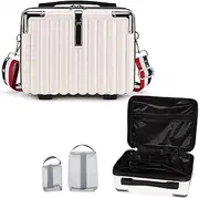 VNIMTI Travel Makeup Case for Women, Hard Shell Cosmetic Bag, Portable Makeup Train Case, Mini Travel Luggage with Shoulder Strap, Zipper, Large Capacity, White