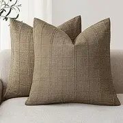 [Foindtower] Set of 2 Decorative Linen Check Throw Pillow Covers Neutral Farmhouse Vintage Cushion Covers Modern Boho Home Decor for Sofa Chair Couch Bedroom Living Room Outdoor,24×24 Inch,Light Brown
