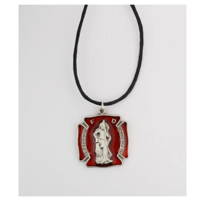 Saint Florian Protect Us Firefighter Red Enamel Medal with Chord, 1.12 Inch