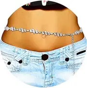 [HZMAN] Silver Waist Chain, Crystal Belly Chain Adjustable Body Chain for Women with Bikini length 29 Inches+14Inches