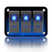 3 Gang Blue LED Rocker Switch Panel with Dual USB for Car Boat and RV