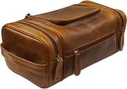 [ELIZO] Leather Toiletry Bag XL, Antique, X-Large, Large Hanging 3 Compartment Full Grain Leather Toiletry Bag