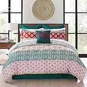 Lush Decor Bohemian Stripe Comforter-Colorful Pattern Boho Style Reversible 7 Piece Bedding Set, Full/Queen, Turquoise & Orange