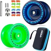 MAGICYOYO K1 Pack of 2 Yoyos for Kids, Responsive YoYos with Yo-Yo Storage Case,12 Strings and Unresponsive Bearing Kit for Dual Purpose Use ( Dark Blue & Glow Green)