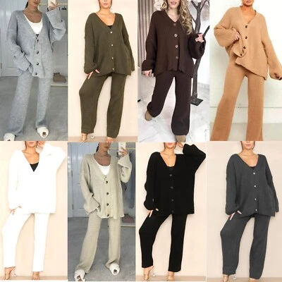 Ladies Womens Rib Knitted Button Cardigan Wide Leg Trousers Suit Lounge Wear Set