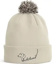 [Purple Print House] Dachshund Embroidered Bobble Hat Dog Owners Gifts Sausage Dog Walking Warm Winter Beanie Hat Womens