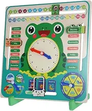 LALADEFIEE Interactive Frog Wooden Clock Calendar Boys and Girls Learning Toy and Date Education