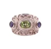 MICHOU Oval Peridot with 2 Round Iolite Accent Sterling Silver Ring - Size 7 NEW