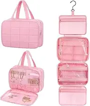 [Starvortex] Hanging Toiletry Bag with Jewellery Organiser, Foldable Waterproof Travel Toiletry Bag, Hanging Toiletry Bag with Multiple Compartments, Wash Bag with Hooks, Pink, Modern
