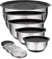 Mixing Bowls with Lids Set - Nesting Bowls with Airtight Lids + Graters - Stainl
