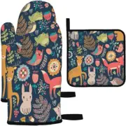 Owl Deer Hedgehog Fox Oven Mitts and Pot Holders Sets of 3 BBQ 3 pcs, Forest