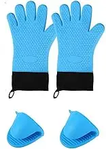 GDJIAYIYI 4in1 Heat Resistant Silicone Oven Mitts for Air Fryer,BBQ,Cooking,Baking,1 Pair Thickened Silicone Gloves + 1 Pair Thicken Mini Oven Gloves Pot Holder（Blue）