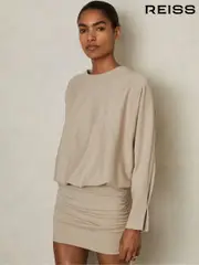 Reiss Neutral Lorenza Ruched Jersey Blouson Top Mini Dress (E61253) | $280