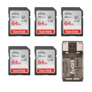SanDisk 64GB 140 MBs SDXC Memory Card 5 pack with All In One Card Reader