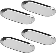 KEILEOHO 4 Pack 7 Inch Silver Oval Stainless Steel Tray, 18 x 8.5cm Oval Storage Plate, Metal Bathroom Trays for Storage