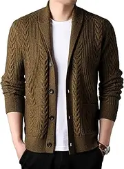 [Qolkmuiy-GJ] Mens Casual Ribbed Stand Collar Cardigan Shawl Collar Open Cable Knit Sweater