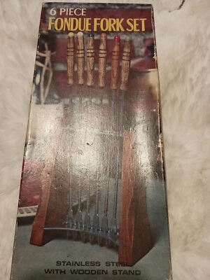 Vintage Stainless Steel 11“ Fondue Forks Japan Set of 6 Wooden Handles/Stand