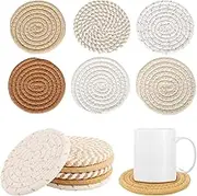 Roczential 12 Pcs Boho Coasters for Drinks, 6 Color Handmade Woven Absorbent Drink Coasters (4.3 Inch, Round, 8mm Thick), Heat Resistant Cotton Coasters for Coffee Table, Kitchen, Home Decoration