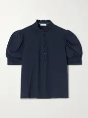 [FRAME] FRAME - The Ruffle Textured-cotton Blouse - Navy - large large Blue