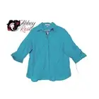 David Brooks Linen Button Front 3/4 Sleeve Collared Teal Top Plus Size 1X
