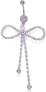 [Cykdohy] Dainty Rhinestone Bow Dangle Navel Ring for Women Fashion Statement Long Tassel Bowknot Crystal Drop Belly Button Rings Silver Sparkly CZ Barbell Stud Sexy Body Piercing Jewelry, one size,