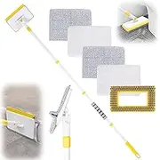 Baseboard Cleaner Tool with Long Handle,Wall Cleaner Mop with Extendable Handle 1 Stiff Bristles mop Head and 4 Reusable Cleaning Pads，Duster for Cleaning Tile Ceiling Window Skirting Board