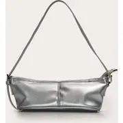 Silver PU Slim Buckle Strap Shoulder Bag, Silver