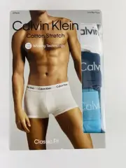 3-Pack Calvin Klein Men’s Cotton Stretch Low Rise Trunks, White/Navy/Teal, Large