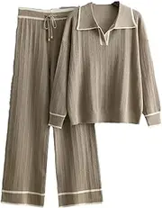 [Generic] Women Winter Fashion Pants Sets Lapel Contrast Casual Sweater High Waist Slim Knitted Pants Two-Piece Set