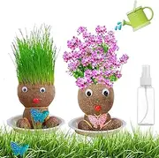 Pack of 2 Grass Head, Beautiful Grass Head Children, 2 Styles Flower Pot Head with a Small Spray Bottle, Lawn Dolls with Tray, Grass Head Doll (Green Grass and Flowers)