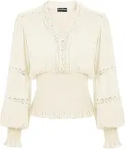 [SCARLET DARKNESS] Women's Renaissance Peasant Blouse V Neck Lantern Sleeve Lace Smocked Tops