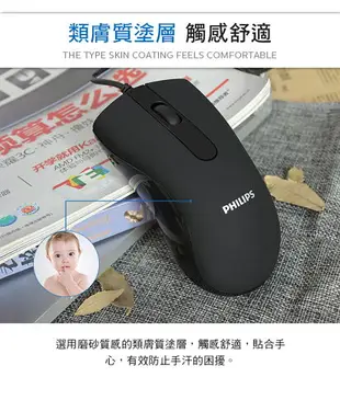 【享4%點數回饋】PHILIPS 飛利浦 靜音有線滑鼠【類膚質塗層 觸感舒適】 光學滑鼠 靜音滑鼠 有線滑鼠 滑鼠 SPK7101