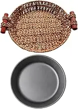 1Set Round Non Stick Iron Grilling Pan with Rattan Basket Steak Plate for Sizzling BBQ Design for Roasting of Cheese Fries and Fish for Home