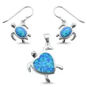 Blue Opal Heart & Turtle .925 Sterling Silver Pendant & Earring Set