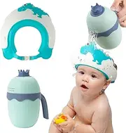 FUNUPUP Baby Shower Cap for Kids with Bath Rinse Cup, Adjustable Toddler Hair Washing Shield Hat Baby Bath Visor Shampoo Hat for Toddlers 6M-9T（Dinosaur Blue)