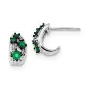 14k White Gold Real Diamond and Emerald Polished Post Hoop Earrings