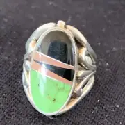 Gaspeite, Onyx & Opal Southwestern Inlay Sterling Silver Ring Size 7 01488