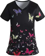 [XMkindfy] Butterfly Printed Scrub Tops for Women Stretchy Short Sleeve Vneck Cute Nurse Working Uniforms with 2 Pockets