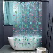 Underwater World Fish Shower Curtain, Ocean Tropical Fish Shower Curtains, Waterproof Transparent EVA Bathroom Decor Set with Hooks, Funny Shower Curtains for Kid