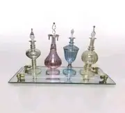 NEW Davco Egyptian Glass Perfume Bottles 4 And Matching Mirrored Tray New In Box